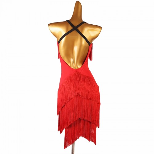 Red fringe latin dance dresses for women girls youth young girls salsa rumba chacha ballroom dancing tassels costumes for female